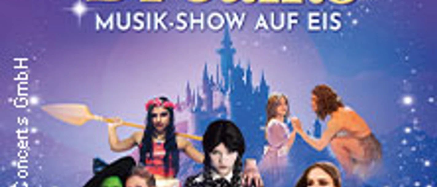 Szenen populärer Figuren aus Filmen und Märchen vor einer glitzernden Kulisse auf einer Eisshow.