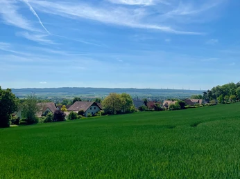 Ausblick Hube_Verlängerung Eichendorfallee Blick über grüne Felder und Einbeck bis zu den Hügeln mit Windrädern unter blauem Himmel.