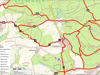 Umleitung_Pilgerweg.jpg Karte des Pilgerwegs mit rot eingezeichneten Umleitungen durch den Stadtwald, nahe Siekhof.