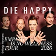 Eine Musikband posiert vor einer rot gepolsterten Wand. Der Tourtitel ist "Empathy is No Weakness 2026".
