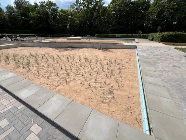 Naturbad Landesbergen Sandbecken und gepflasterte Wege im Naturbad Landesbergen, umgeben von dichten Bäumen und Büschen.