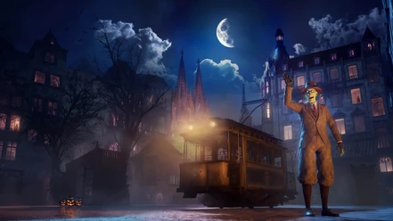 Creepy in Old Cologne In the mystical evening light, an old tram travels through Cologne while a creepy man, illuminated by mysterious moonlight, waves.
