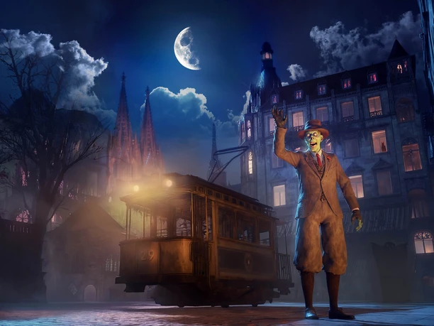 Creepy in Old Cologne In the mystical evening light, an old tram travels through Cologne while a creepy man, illuminated by mysterious moonlight, waves.