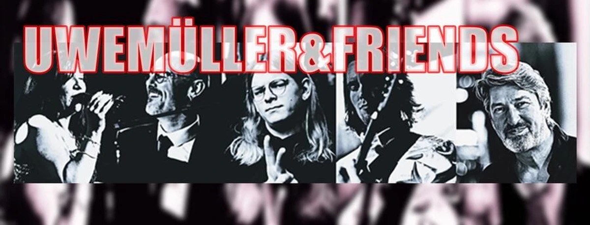 uwemüller.JPG Musiker der Band "Uwemüller & Friends" in Schwarz-Weiß, spielen gemeinsam auf einer Bühne.