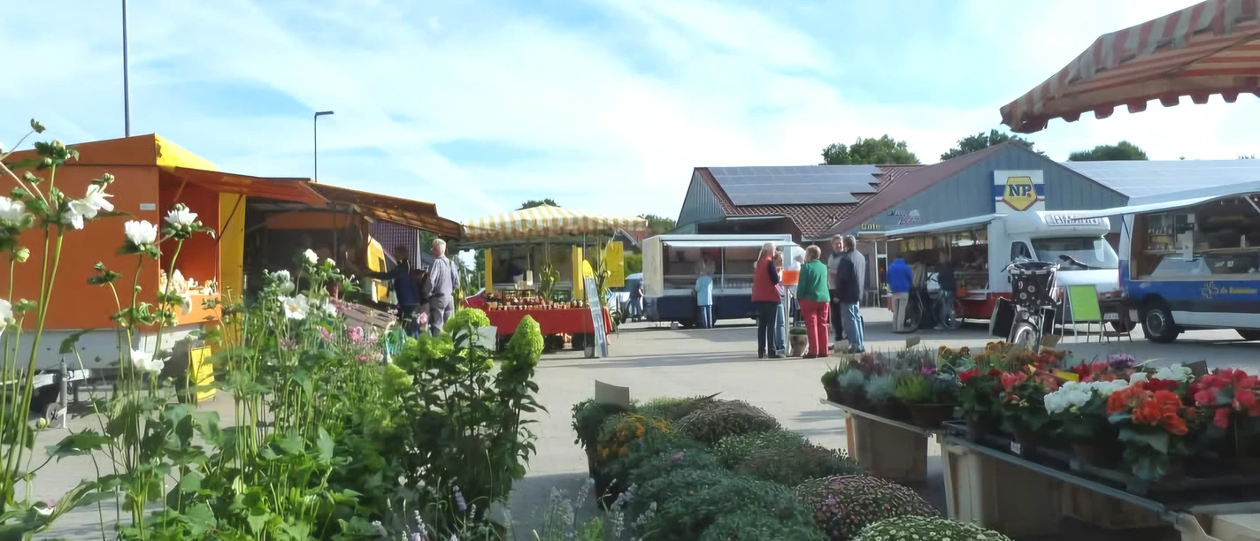 Wochenmarkt in Wahnbek Blumenmarkt mit farbenfroher Auswahl an der frischen Luft, Menschen genießen sonniges Wetter.