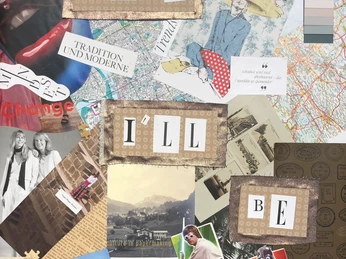 re:create Collage Upcycling Collage aus Postkarten, Fotos und Texten, die Kreativität, Tradition und moderne Kunst vereint.A collage of postcards, photos and texts that combines creativity, tradition and modern art.