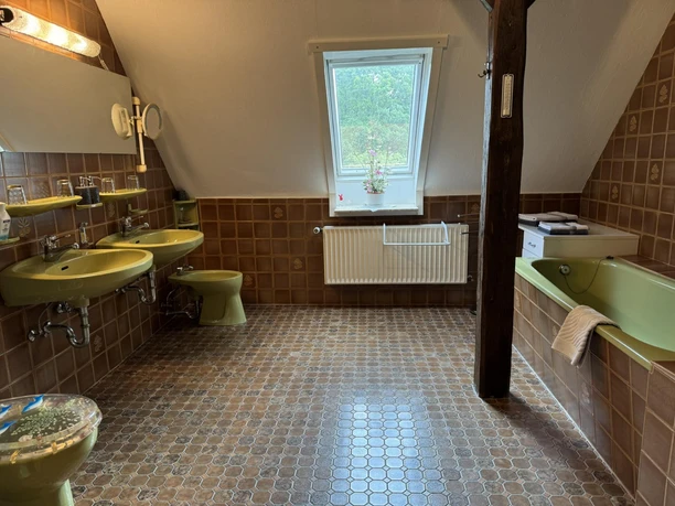 Bad Das Bild zeigt ein Badezimmer im Retro-Stil mit grünen Waschbecken und einem grünen WC. Rechts steht eine Badewanne. Oben ist ein Fenster, das Licht in den Raum lässt.