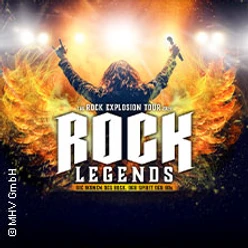 Bühne mit Rockstar vor Flammenkulisse, Mikrofon in der Hand, Schriftzug "Rock Legends" im Vordergrund.