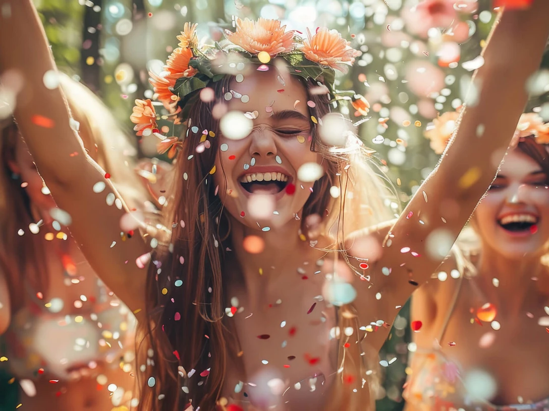 Lachende Frauen mit Blumenkränzen bei einer Mittsommer-Party