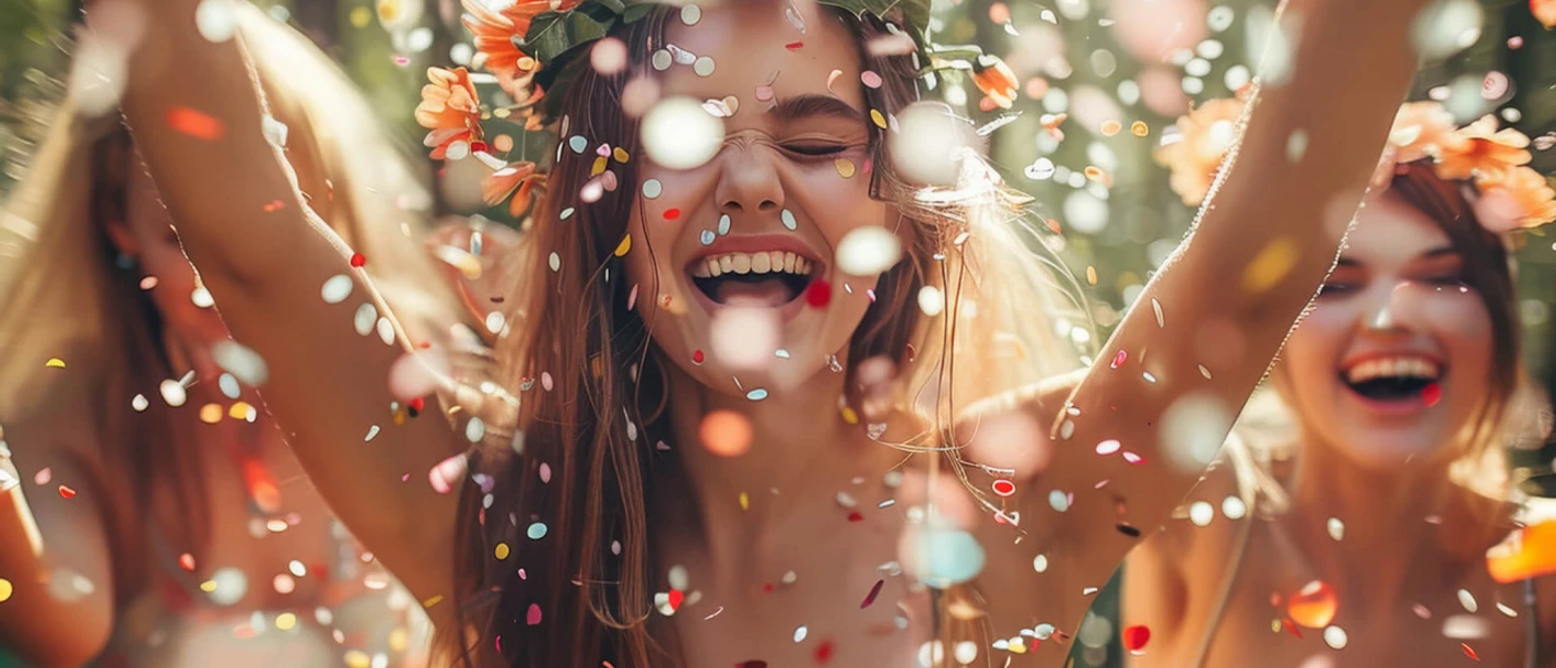 Lachende Frauen mit Blumenkränzen bei einer Mittsommer-Party