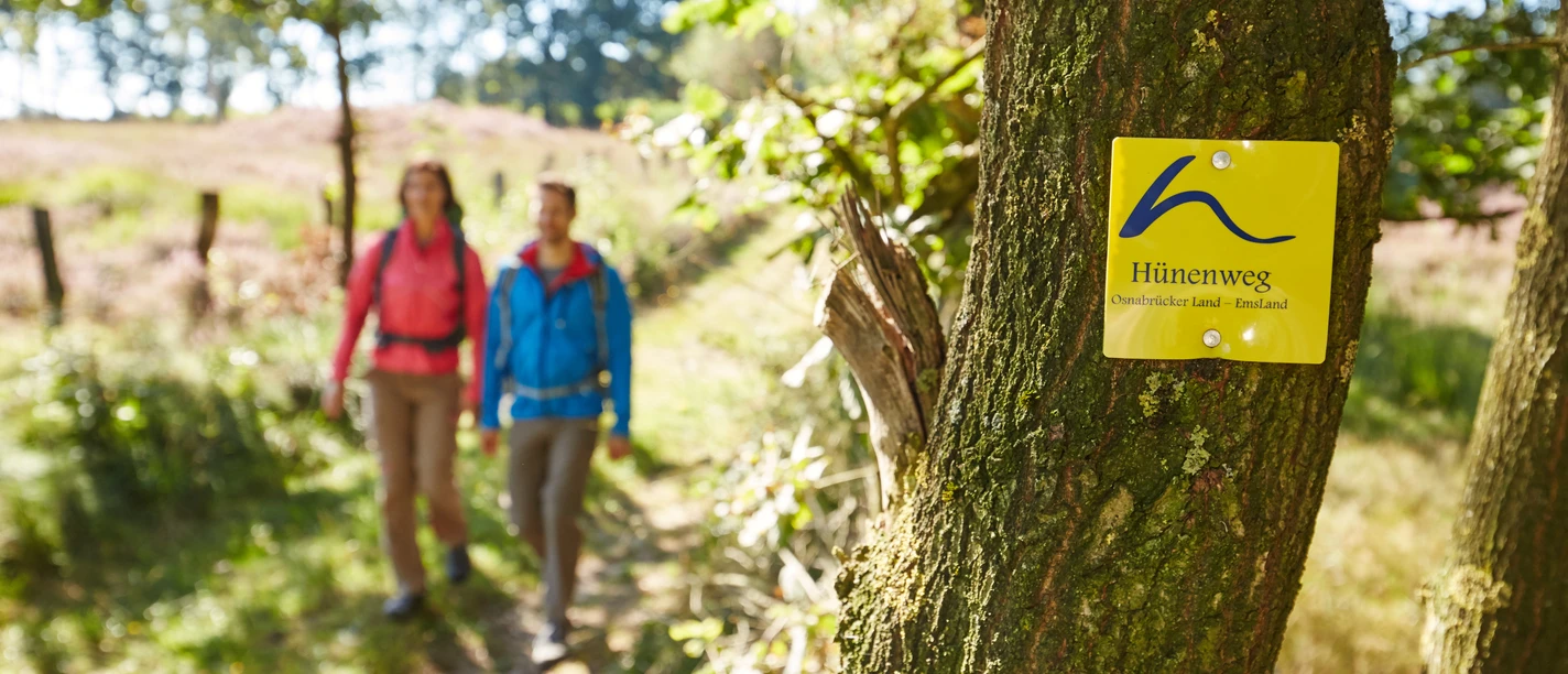Grabhügelfeld Mansenberge bei Sögel ©Naturpark Hümmling, Marcus Gloger (196).jpg Zwei Wandernde auf sonnigem Waldweg mit gelbem Hinweisschild des Hünenwegs am Baum.