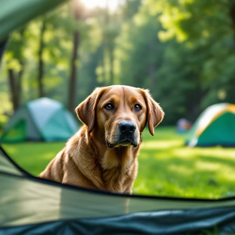 Ein KI-generiertes Bild von einem braunen Labrador, der auf einem Campingplatz in ein Zelt schautAn AI-generated image of a brown Labrador looking into a tent at a campsiteObrázek hnědého labradora, který se dívá do stanu v kempu, vygenerovaný umělou inteligencíWygenerowany przez sztuczną inteligencję obraz brązowego labradora zaglądającego do namiotu na kempinguEen AI-gegenereerde afbeelding van een bruine Labrador die in een tent kijkt op een campingUn'immagine generata dall'intelligenza artificiale di un Labrador marrone che guarda in una tenda in un campeggio