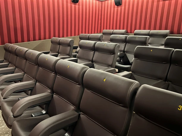 Filmhof Hoya Kino-Innenraum mit modernen, gepolsterten Kinosesseln in Reihen, umgeben von gestreiften Wänden.
