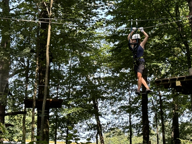 Kletterwald Königstein: Person in black clothing and helmet balancing on a rope in the climbing park, surrounded by green trees in sunny weather.