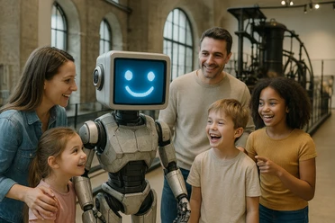 Familientag ArbeitsTräume Familie mit Kindern lacht neben einem Roboter mit lächelndem Display in einem Museumsraum.