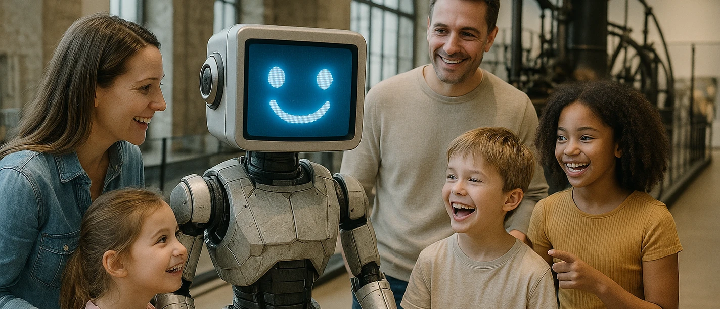 Familientag ArbeitsTräume Familie mit Kindern lacht neben einem Roboter mit lächelndem Display in einem Museumsraum.