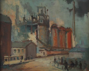 Walter Bernstein, Ansicht des Neunkirchener Eisenwerkes, 1979, Öl auf Karton, 70 x 87 cm