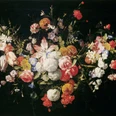 Hieronymus Galle, Blumengirlande Eine prachtvolle Blumengirlande aus Rosen, Lilien, Anemonen und anderen farbenfrohen Blüten auf dunklem Hintergrund.A magnificent flower garland of roses, lilies, anemones and other colorful blossoms on a dark background.