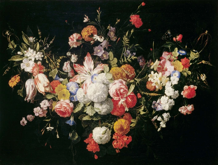 Hieronymus Galle, garland of flowers Eine prachtvolle Blumengirlande aus Rosen, Lilien, Anemonen und anderen farbenfrohen Blüten auf dunklem Hintergrund.A magnificent flower garland of roses, lilies, anemones and other colorful blossoms on a dark background.