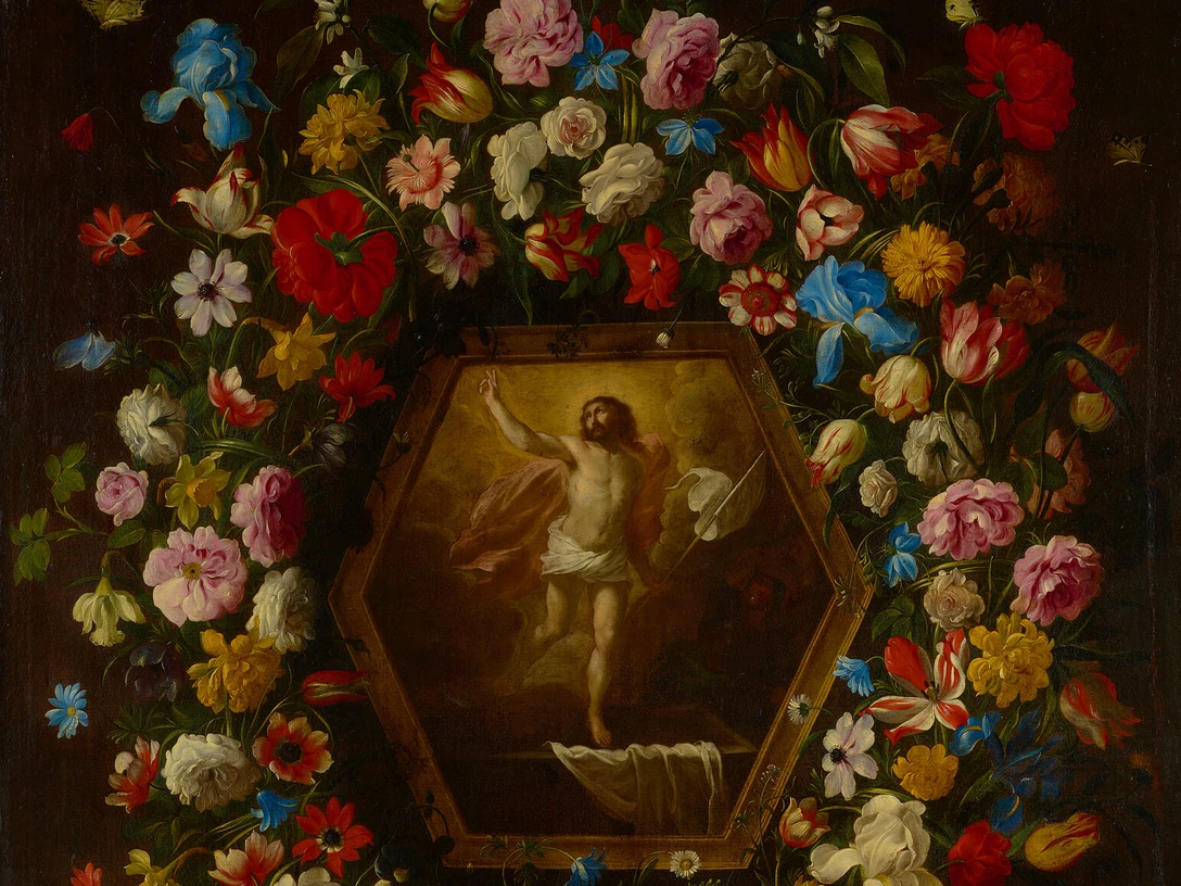 Giovanni Stanchi Das Gemälde von Giovanni Stanchi zeigt eine prächtige Blumengirlande, die ein zentral platziertes Bild der Auferstehung Christi umgibt. Lebhaft gefärbte Blumen harmonieren kunstvoll mit der religiösen Szene.The painting by Giovanni Stanchi shows a magnificent garland of flowers surrounding a centrally placed image of the resurrection of Christ. Vividly colored flowers harmonize artfully with the religious scene.