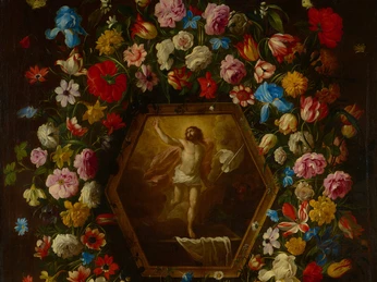 Giovanni Stanchi Das Gemälde von Giovanni Stanchi zeigt eine prächtige Blumengirlande, die ein zentral platziertes Bild der Auferstehung Christi umgibt. Lebhaft gefärbte Blumen harmonieren kunstvoll mit der religiösen Szene.The painting by Giovanni Stanchi shows a magnificent garland of flowers surrounding a centrally placed image of the resurrection of Christ. Vividly colored flowers harmonize artfully with the religious scene.