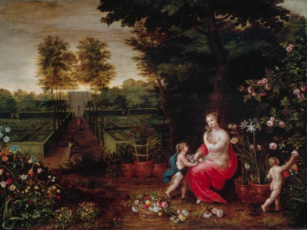 Hendrick van Balen Painting of a garden landscape with a woman in a red robe, surrounded by two children and flowering plants. A formal garden with a statue and a castle can be seen in the background.