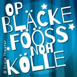 Der blaue Hintergrund mit weißem Schriftzug kündigt eine Veranstaltung im Scala Theater an.