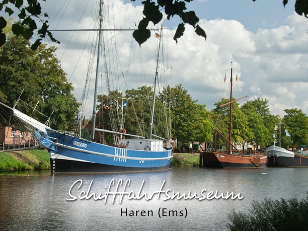 2025-Schifffahrtsmuseum_Haren_Bild1.jpg Segelschiffe am Ufer des Schifffahrtsmuseums Haren vor grünen Bäumen und blauem Himmel