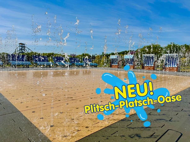 Plitsch-Platsch-Oase im Sonnenlandpark - der neue Wasserspaßparcour mit Wasserfontainen, Strandkörben und Sonnenliegen