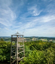 Borgholzhausen-Luisenturm-Teutoburger-Wald-Tourismus-D-Ketz-058.jpg Holzturm mit Aussichtsplattform in grüner Landschaft, blauer Himmel mit Schäfchenwolken im Hintergrund.