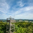 Borgholzhausen-Luisenturm-Teutoburger-Wald-Tourismus-D-Ketz-058.jpg Holzturm mit Aussichtsplattform in grüner Landschaft, blauer Himmel mit Schäfchenwolken im Hintergrund.