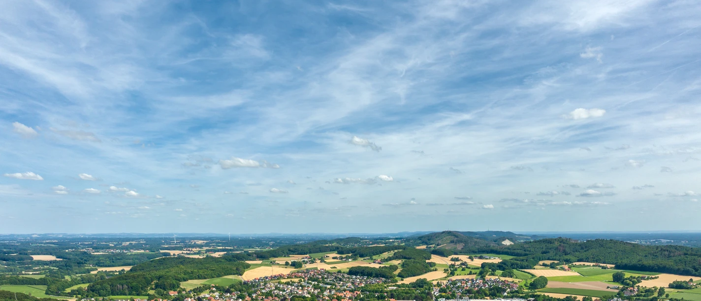 Borgholzhausen-Luisenturm-Teutoburger-Wald-Tourismus-D-Ketz-059.jpg Landschaft mit bewaldetem Hügel, darüber ein hoher Turm, im Hintergrund weite Felder und blauer Himmel.
