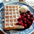 Bergische Waffeln Ein blauer Teller mit einer knusprigen, mit Puderzucker bestäubten Waffel, Kirschen und Vanilleeis.