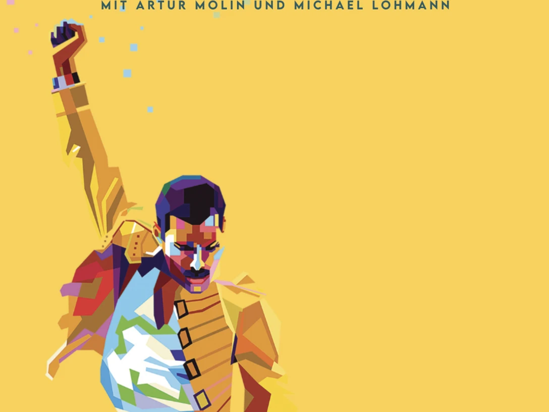 Bildschirmfoto 2025-05-22 um 12.29.01.png Buntes Plakat eines Theaterstücks über Freddie Mercury. Der Künstler posiert mit erhobenem Arm.
