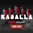 Kasalla-Bandmitglieder als Collage in Rottönen, Logo und Tourdaten der Kasalla Trone & Konfetti Tour 2026.