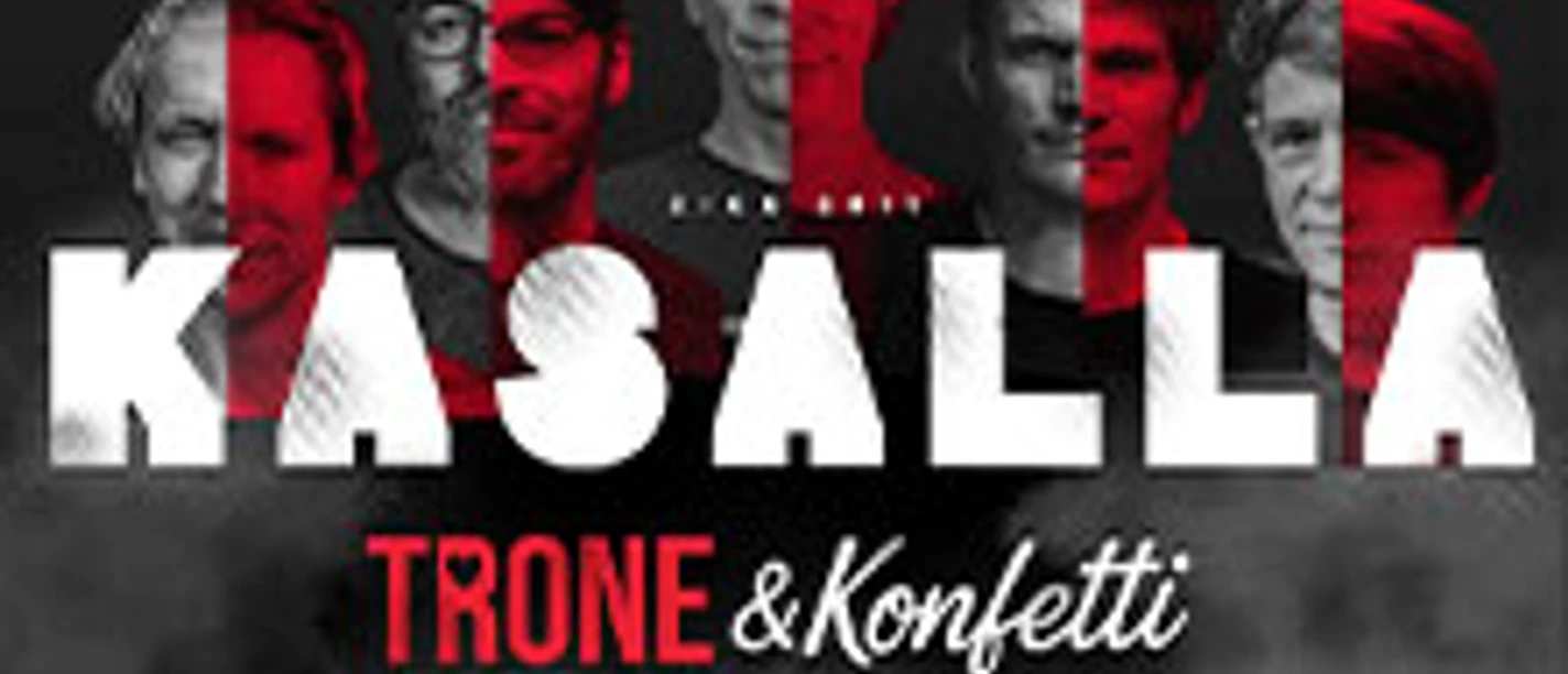 Kasalla-Bandmitglieder als Collage in Rottönen, Logo und Tourdaten der Kasalla Trone & Konfetti Tour 2026.