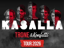 Kasalla-Bandmitglieder als Collage in Rottönen, Logo und Tourdaten der Kasalla Trone & Konfetti Tour 2026.