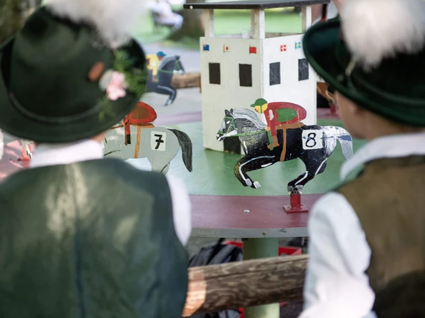 Irlachweiherfest-Roesselspiel.jpg Kinder in Tracht vor einem hölzernen Pferdespiel