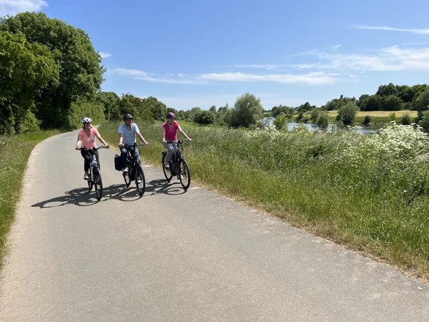 Radfahrer in der Mittelweser-Region Tre cyklister kører ad en asfalteret sti gennem den grønne Mittelweser-region i solskinsvejr.