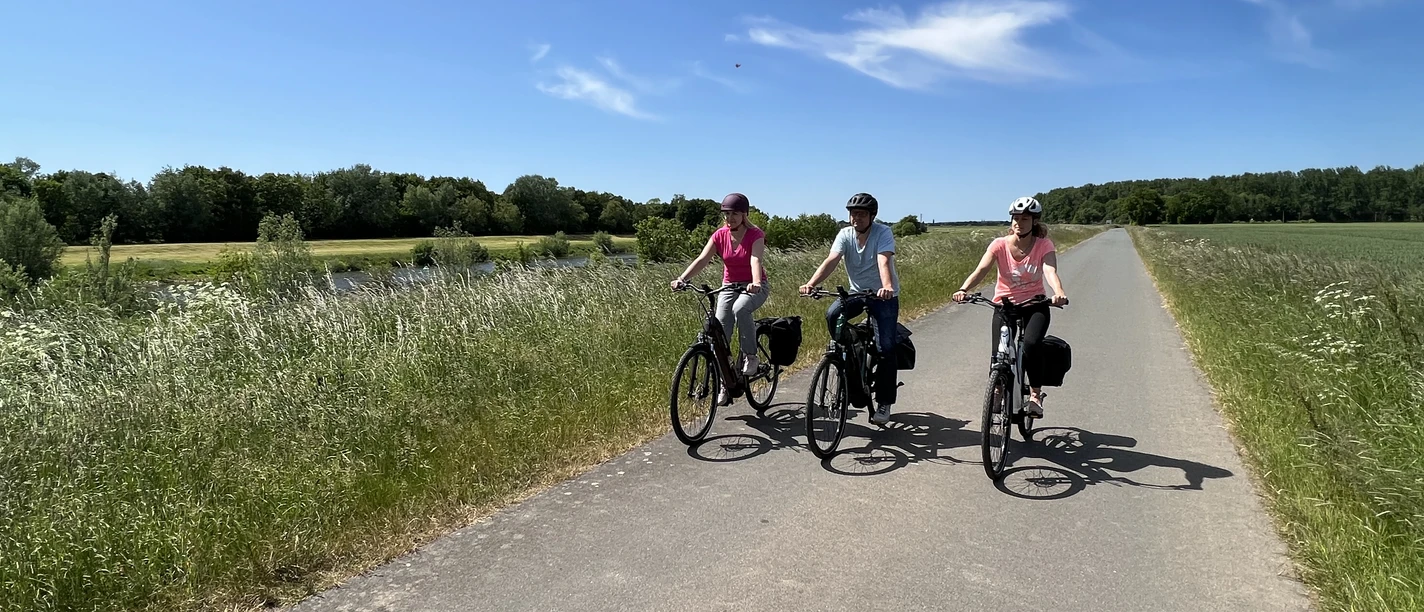 Fahrradfahrer in der Mittelweser-Region Three cyclists ride along a rural path under a blue sky in the Mittelweser region.