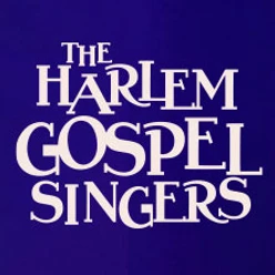 Das Bild zeigt den Schriftzug "The Harlem Gospel Singers" in weißer Schrift auf blauem Hintergrund.