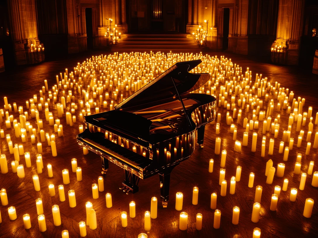 Candlelight.jpeg Flügel in einem Kerzenmeer in einem großen Saal mit warmem, goldenen Licht und ruhiger Atmosphäre.