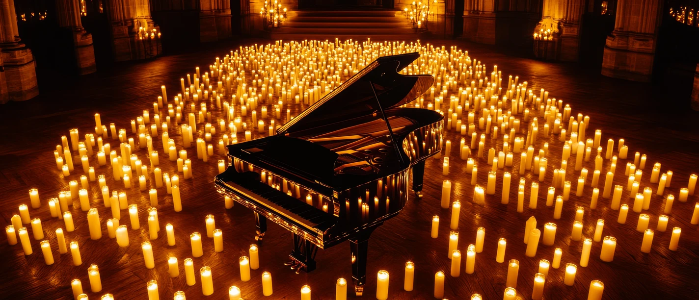 Candlelight.jpeg Flügel in einem Kerzenmeer in einem großen Saal mit warmem, goldenen Licht und ruhiger Atmosphäre.