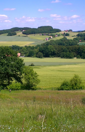 Bonstapel-A2_Blick vom Selberg.JPG Landschaft mit grünen Feldern, sanften Hügeln und verstreuten Höfen unter blauem Himmel mit Wolken.