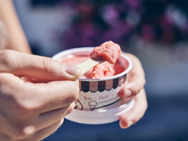 Bio-Hof-Eiswerkstatt Person hält rosa Eis in einem Becher mit Holzlöffel. Markenaufdruck lesbar.