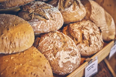 Bäckerei Brandmeier Frisch gebackene, rustikale Brote in einem Regal in einer Bäckerei.