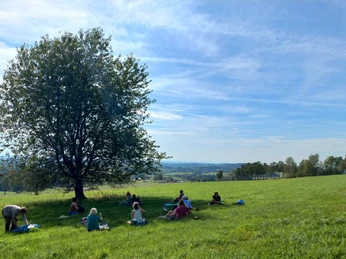 Yogawanderung Menschen picknicken unter einem großen Baum auf einer grünen Wiese mit weitem Blick über die Landschaft.