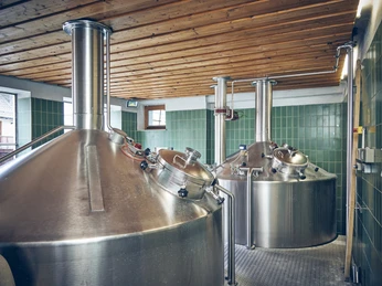 Brauerei Karg Große Edelstahl-Braukessel in einer Brauerei mit grünen Fliesen und Holzdach.