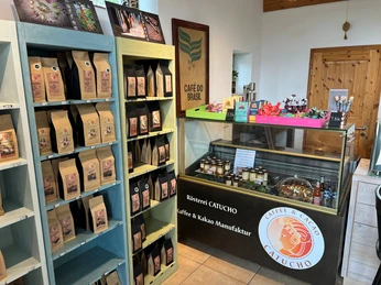 The Catucho coffee roastery has a wide range of coffees and gift items on the shelves.