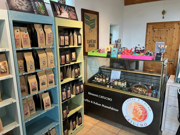 The Catucho coffee roastery has a wide range of coffees and gift items on the shelves.